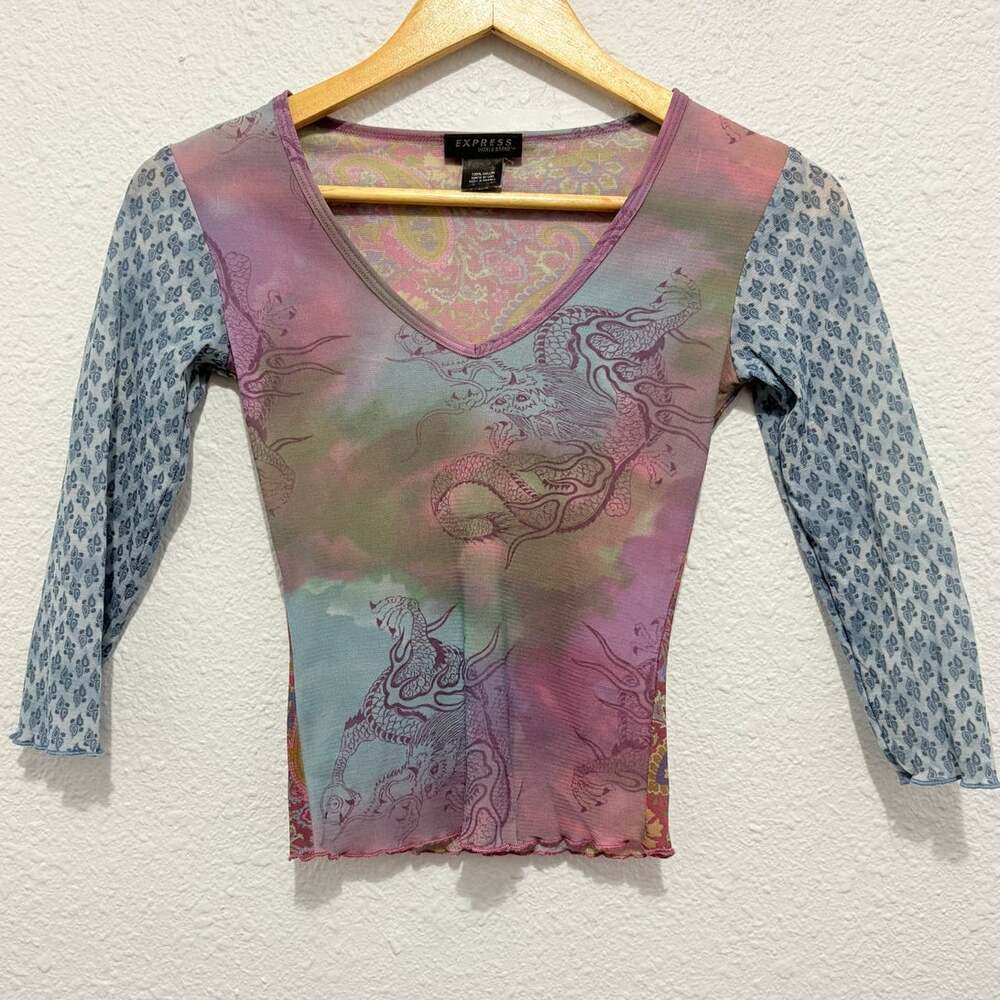 y2k express micro mesh top paisley floral dragon funky maximalist euro going out